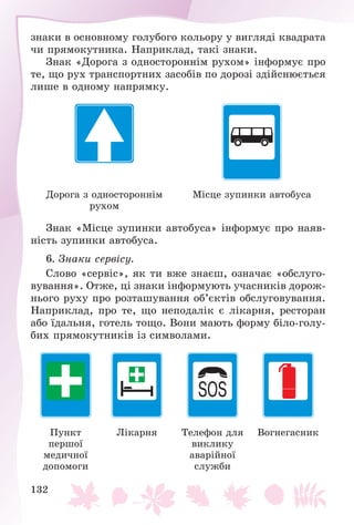 132
çíàêè â îñíîâíîìó ãîëóáîãî êîëüîðó ó âèãëÿäі êâàäðàòà
÷è ïðÿìîêóòíèêà. Íàïðèêëàä, òàêі çíàêè.
Çíàê «Äîðîãà ç îäíîñòîðîííіì ðóõîì» іíôîðìóє ïðî
òå, ùî ðóõ òðàíñïîðòíèõ çàñîáіâ ïî äîðîçі çäіéñíþєòüñÿ
ëèøå â îäíîìó íàïðÿìêó.
Äîðîãà ç îäíîñòîðîííіì
ðóõîì
Ìіñöå çóïèíêè àâòîáóñà
Çíàê «Ìіñöå çóïèíêè àâòîáóñà» іíôîðìóє ïðî íàÿâ-
íіñòü çóïèíêè àâòîáóñà.
6. Çíàêè ñåðâіñó.
Ñëîâî «ñåðâіñ», ÿê òè âæå çíàєø, îçíà÷àє «îáñëóãî-
âóâàííÿ». Îòæå, öі çíàêè іíôîðìóþòü ó÷àñíèêіâ äîðîæ-
íüîãî ðóõó ïðî ðîçòàøóâàííÿ îá’єêòіâ îáñëóãîâóâàííÿ.
Íàïðèêëàä, ïðî òå, ùî íåïîäàëіê є ëіêàðíÿ, ðåñòîðàí
àáî їäàëüíÿ, ãîòåëü òîùî. Âîíè ìàþòü ôîðìó áіëî-ãîëó-
áèõ ïðÿìîêóòíèêіâ іç ñèìâîëàìè.
Ïóíêò
ïåðøîї
ìåäè÷íîї
äîïîìîãè
Ëіêàðíÿ Òåëåôîí äëÿ
âèêëèêó
àâàðіéíîї
ñëóæáè
Âîãíåãàñíèê
 
