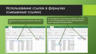 Использование ссылок в формулах
(смешанные ссылки)
В формуле используются данные ячеек B4 и
G3.
В этой формуле используются данные ячеек B8 и
I3, хотя использовалось только автозаполнение,
сдвиг произошел автоматически.
 