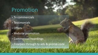 Promotion
• Tv commercials
• Testimonials
• Offers
• Website promotion
• Commercial hoardings
• Freebies through tv ads & promo code
 