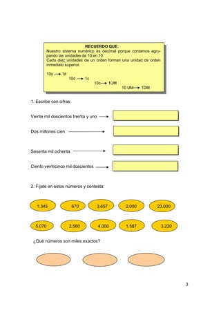RECUERDO QUE:
          Nuestro sistema numérico es decimal porque contamos agru-
          pando las unidades de 10 en 10.
          Cada diez unidades de un orden forman una unidad de orden
          inmediato superior.

          10u    1d
                      10d      1c
                                    10c      1UM
                                                   10 UM    1DM


1. Escribe con cifras:


Veinte mil doscientos treinta y uno


Dos millones cien



Sesenta mil ochenta


Ciento veinticinco mil doscientos



2. Fíjate en estos números y contesta:



   1.345                 670         3.657          2.000         23.000



  5.070               2.560           4.000         1.587             3.220


 ¿Qué números son miles exactos?




                                                                              3
 