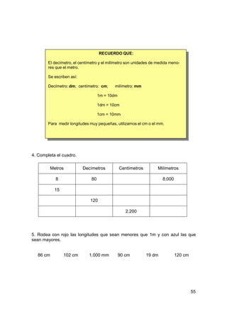 RECUERDO QUE:

        El decímetro, el centímetro y el milímetro son unidades de medida meno-
        res que el metro.

        Se escriben así:

        Decímetro: dm; centímetro: cm;      milímetro: mm

                                    1m = 10dm

                                    1dm = 10cm

                                    1cm = 10mm

        Para medir longitudes muy pequeñas, utilizamos el cm o el mm.




4. Completa el cuadro.

           Metros          Decímetros           Centímetros        Milímetros

             8                 80                                     8.000

            15

                              120

                                                   2.200




5. Rodea con rojo las longitudes que sean menores que 1m y con azul las que
sean mayores.


   86 cm         102 cm       1.000 mm          90 cm         19 dm           120 cm




                                                                                       55
 