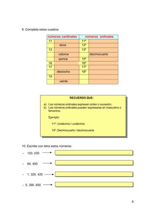 9. Completa estos cuadros

                    números cardinales         números ordinales
                    11                       11º
                          doce               12º
                    13                       13º
                            catorce                decimocuarto
                            quince           15º
                     16                      16º
                     17                      17º
                           dieciocho         18º
                     19
                             veinte




                                      RECUERDO QUE:

                  a) Los números ordinales expresan orden o sucesión.
                  b) Los números ordinales pueden expresarse en masculino o
                     femenino.

                     Ejemplo:

                       11º: Undécimo / undécima

                       14º: Decimocuarto / decimocuarta




10. Escribe con letra estos números:

-   120. 230


-   84. 400


-   1. 320. 420


- 5. 390. 650




                                                                              6
 