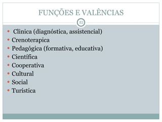 FUNÇÕES E VALÊNCIAS Clinica (diagnóstica, assistencial) Crenoterapica Pedagógica (formativa, educativa) Científica  Cooperativa Cultural Social Turística 