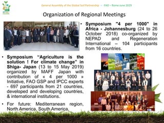 General Assembly of the Global Soil Partnership – FAO – Rome June 2019
• Symposium "4 per 1000" in
Africa - Johannesburg (24 to 26
October 2018) co-organized by
NEPAD and Regeneration
International – 104 participants
from 16 countries.
Organization of Regional Meetings
• Symposium “Agriculture is the
solution ! For climate change” in
Shiga- Japan (13 to 15 May 2019)
organized by MAFF Japan with
contribution of « 4 per 1000 »
Initiative, FAO GSP and IPCC experts
- 697 participants from 21 countries,
developed and developing countries,
& international institutions.
• For future: Mediterranean region,
North America, South America.
 