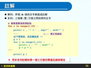 1 型別與迴圈
註解
33
# 階乘運算過程測試版
for i in range(1,10) :
print( i , ’! = ’ , sep="" , end="" )
’’’ <--- 需正常縮排
以下怪怪的，先註解起來 !!
p = 1
for j in range(1,i+1) :
print( j , ’*’ , end="" )
p = p * j
’’’
print( p )
 單列：井號(#)後的文字都當成註解
 多列：三個單(雙)引號之間的跨列文字
 用於多列註解的第一個三引號仍需滿足縮排規定
 