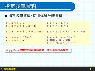 1 型別與迴圈
指定多筆資料
 指定多筆資料:使用逗號分離資料
9
a , b = 5 , 2 # a = 5 , b = 2
a , b = a + b , a – b # a = 7 , b = 3
c , d , e = 2 , 7.5 , ”cat” # c = 2 ,d = 7.5 , e = ”cat”
x , y = 4 , ”four” # x = 4 , y = ”four”
x , y = y , x # 對調 x 與 y 資料
# x = ”four” , y = 4
 python 變數型別可隨時更動，並不是固定不變的
 