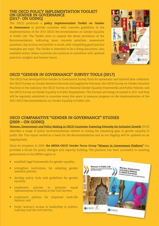 THE OECD POLICY IMPLEMENTATION TOOLKIT
ON GENDER IN GOVERNANCE
(2017- ON GOING)
The OECD produced a policy implementation ...