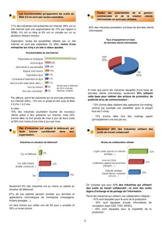 Les fonctionnalités qu’apportent les outils du                               Toutes les potentialités de la                    gestion
        Web 2.0 ne sont pas toutes exploitées.                                       commerciale et de la relation                      clients
                                                                                     informatisée ne sont pas utilisées.

 71% des industries sont présentes sur Internet. 69% ont un
                                                                             65% des industries possèdent une base de données clients
 site Internet (soit une augmentation de 15% par rapport à
                                                                             informatisée.
 2008), 4% ont un blog et 6% ont un compte sur un ou
 plusieurs réseaux sociaux.
                                                                                             Taux d’équipement en base
 Cependant, toutes les possibilités offertes par un site
                                                                                           de données clients informatisée
 Internet ne sont pas exploitées. En effet, moins d’une
 entreprise sur cinq a un site à valeur ajoutée.

              Fonctionnalités du site Internet




                                              Somme des % différente
                                              de 100 d u fait des
                                              réponses multiples.           A noter que parmi les industries équipées d’une base de
                                                                            données clients informatisée, seulement 33% utilisent
                                                                            cette base pour réaliser des actions de promotion, de
 Par ailleurs, parmi les industries qui ne sont pas présentes
                                                                            publicité et/ou de communication :
 sur Internet (29%), 13% ont un projet en lien avec le Web
 2.0 d’ici 1 à 2 ans.                                                           - 73% d’entre elles réalisent des opérations d’e-mailing,
 A noter :                                                                      comme par exemple une newsletter (pour la plupart
 70% des industries souhaitent toucher de nouveaux                              tous les 3 mois).
 clients grâce à leur présence sur Internet, mais 24%
                                                                                - 73% d’entre elles font des                mailings     papier
 d’entre elles ne font jamais de mise à jour de leurs outils
                                                                                (principalement une fois par an).
 et 59% font moins d’une mise à jour par mois.

        Peu d’industries ont adopté le télétravail, qui                              Seulement 28% des industries utilisent des
        reste   encore    confidentiel   dans      leur                              outils de travail collaboratif.
        organisation.


         Industries en situation de télétravail                                          Niveau de collaboration utilisée




                                                                           On constate que pour 42% des industries qui utilisent
Seulement 6% des industries ont au moins un salarié en
                                                                           des outils de travail collaboratif : ce sont des outils
situation de télétravail.
                                                                           légers d’échange et de partage de l’information.
67% de ces salariés peuvent accéder aux données et
                                                                           Parmi les industries qui utilisent une collaboration intégrée :
applications informatiques de l’entreprise (messagerie,
                                                                               - 67% sont équipées pour le suivi de la production,
fichiers partagés…).
                                                                               - 33% sont équipées d’outils informatisés de
Un tiers d’entre eux utilise une clé 3G pour y accéder et                      conception (type CAO, FAO, GPAO),
33% un smart phone.                                                            - 33% sont équipées pour la traçabilité de la
                                                                               production.


                                                                       3
 