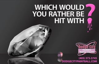 which would
you rather be
     hit with         ?
                 (405) 373-3745
       DODGECITYPAINTBALL.COM
 