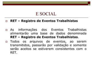 E SOCIAL






RET – Registro de Eventos Trabalhistas
As informações dos Eventos Trabalhistas
alimentarão uma base de dados denominada
RET – Registro de Eventos Trabalhistas.
Todos os arquivos de eventos, ao serem
transmitidos, passarão por validação e somente
serão aceitos se estiverem consistentes com o
RET.

 