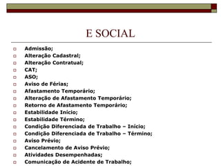 E SOCIAL



















Admissão;
Alteração Cadastral;
Alteração Contratual;
CAT;
ASO;
Aviso de Férias;
Afastamento Temporário;
Alteração de Afastamento Temporário;
Retorno de Afastamento Temporário;
Estabilidade Início;
Estabilidade Término;
Condição Diferenciada de Trabalho – Início;
Condição Diferenciada de Trabalho – Término;
Aviso Prévio;
Cancelamento de Aviso Prévio;
Atividades Desempenhadas;
Comunicação de Acidente de Trabalho;

 