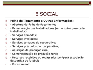 E SOCIAL















Folha de Pagamento e Outras Informações:
◦ Abertura da Folha de Pagamento;
◦ Remuneração dos trabalhadores (um arquivo para cada
trabalhador);
◦ Serviços Tomados;
◦ Serviços Prestados;
◦ Serviços tomados de cooperativa;
◦ Serviços prestados por cooperativa;
◦ Aquisição de produção rural;
◦ Comercialização da produção rural;
◦ Recursos recebidos ou repassados por/para associação
desportiva de futebol;
◦ Encerramento.

 