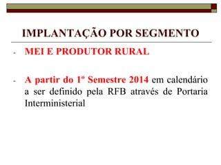 IMPLANTAÇÃO POR SEGMENTO
-

MEI E PRODUTOR RURAL

-

A partir do 1º Semestre 2014 em calendário
a ser definido pela RFB através de Portaria
Interministerial

 