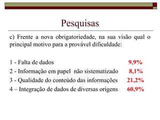Pesquisas
c) Frente a nova obrigatoriedade, na sua visão qual o
principal motivo para a provável dificuldade:
1 - Falta de dados
2 - Informação em papel não sistematizado
3 - Qualidade do conteúdo das informações
4 – Integração de dados de diversas origens

9,9%
8,1%
21,2%
60,9%

 