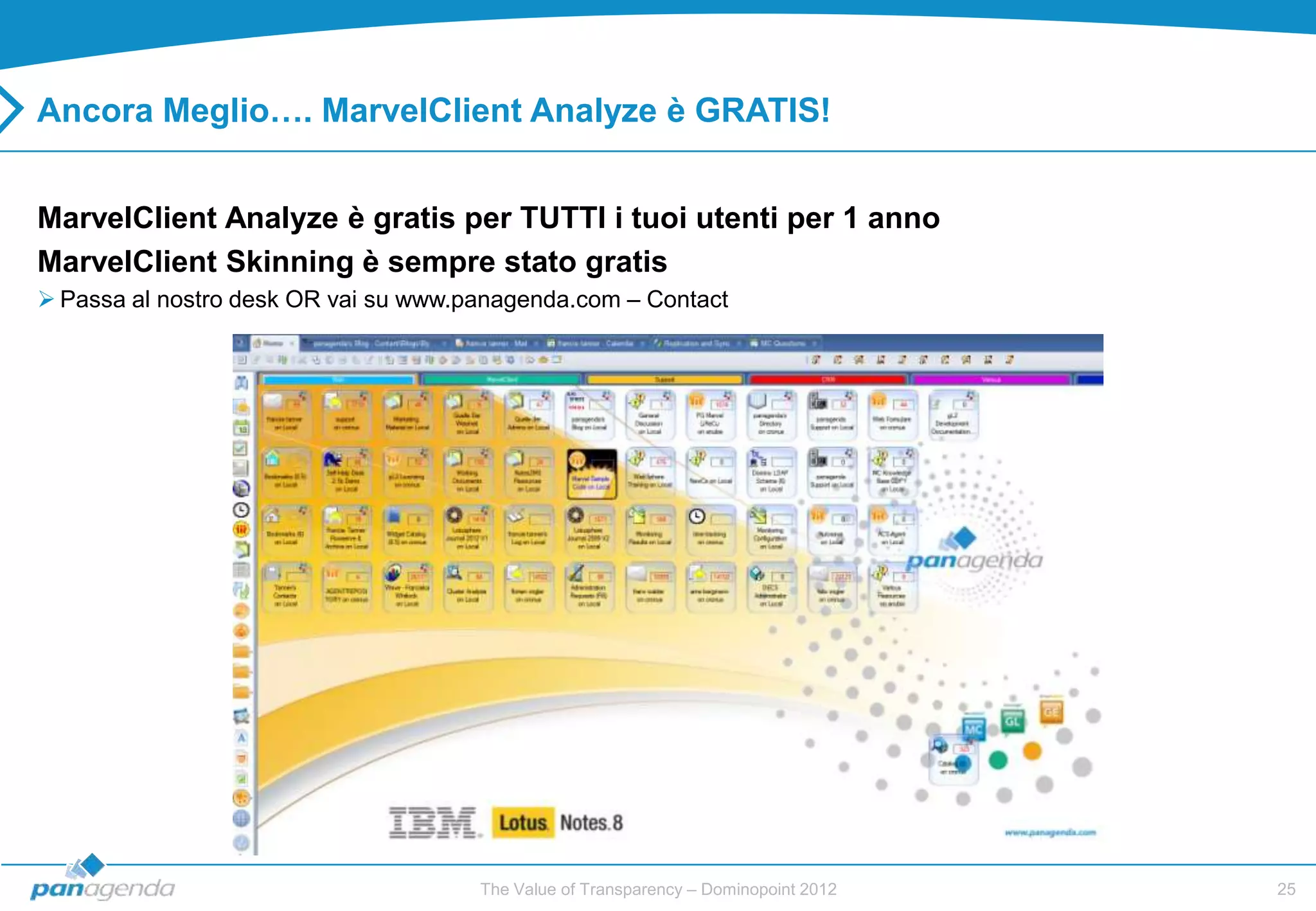 Ancora Meglio…. MarvelClient Analyze è GRATIS!


MarvelClient Analyze è gratis per TUTTI i tuoi utenti per 1 anno
MarvelClient Skinning è sempre stato gratis
 Passa al nostro desk OR vai su www.panagenda.com – Contact




                                      The Value of Transparency – Dominopoint 2012   25
 