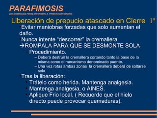 PARAFIMOSISLUIS DOMINGUEZ PEREZ ENFERMERO A. PRIMARIA DAN MADRID
Liberación de prepucio atascado en Cierre 1ª1ª
•Evitar maniobras forzadas que solo aumentan el
daño.
•Nunca intente “descorrer” la cremallera
ROMPALA PARA QUE SE DESMONTE SOLA
–Procedimiento.
– Deberá destruir la cremallera cortando tanto la base de la
misma como el mecanismo denominado puente.
– Una vez rotas ambas zonas la cremallera deberá de soltarse
sola.
•Tras la liberación:
• Trátelo como herida. Mantenga analgesia.
• Mantenga analgesia, o AINES.
• Aplique Frio local. ( Recuerde que el hielo
directo puede provocar quemaduras).
 