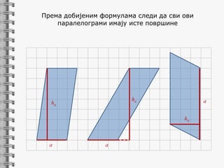 Према добијеним формулама следи да сви ови
паралелограми имају исте површине

ha

ha

a

ha

a

a

 