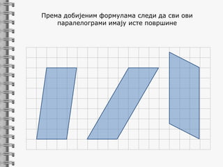 Према добијеним формулама следи да сви ови
паралелограми имају исте површине

 