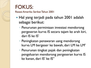FOKUS:
Resesi Amerika Serikat Tahun 2001

   Hal yang terjadi pada tahun 2001 adalah
    sebagai berikut:
    ◦ Penurunan permintaan investasi mendorong
      pergeseran kurva IS secara tajam ke arah kiri,
      dari IS ke IS’
    ◦ Peningkatan penawaran uang mendorong
      kurva LM bergeser ke bawah, dari LM ke LM’
    ◦ Penurunan tingkat pajak dan peningkatan
      pengeluaran mendorong pergeseran kurva IS
      ke kanan, dari IS’ ke IS’’
 