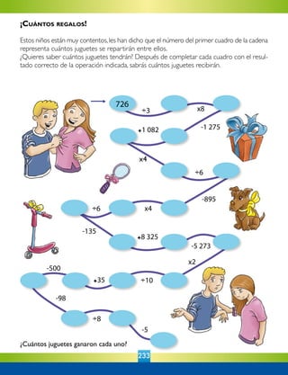 233
¿Cuántos juguetes ganaron cada uno?
726
÷3 x8
+1 082
x4
-895
x4÷6
-135
+8 325
-5 273
x2
÷10+35
-500
-98
÷8
-1 275
÷6
-5
¡Cuántos regalos!
Estos niños están muy contentos,les han dicho que el número del primer cuadro de la cadena
representa cuántos juguetes se repartirán entre ellos.
¿Quieres saber cuántos juguetes tendrán? Después de completar cada cuadro con el resul-
tado correcto de la operación indicada, sabrás cuántos juguetes recibirán.
 