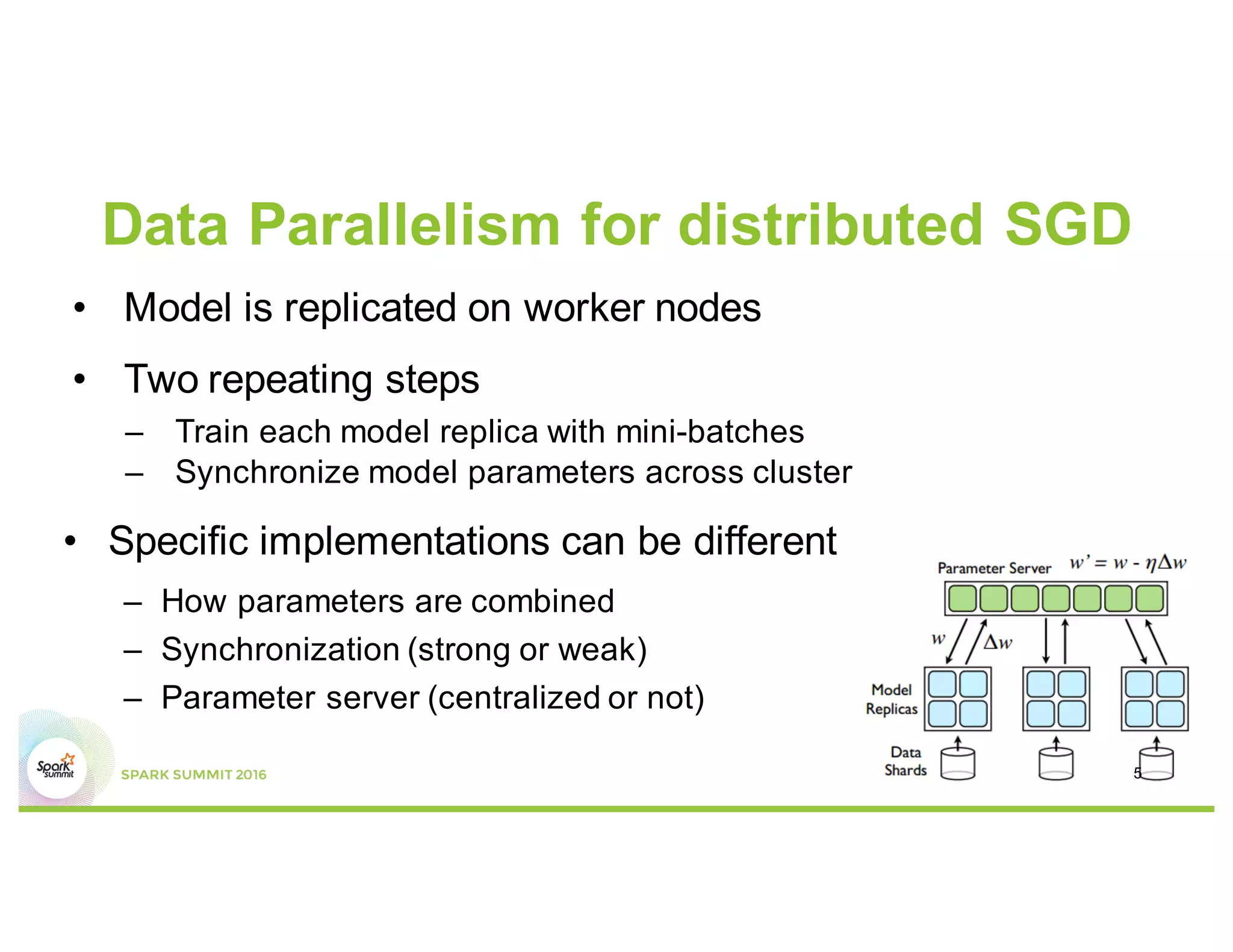Data Parallelism for distributed SGD
• Model is replicated on worker nodes
• Two repeating steps
– Train each model replica with mini-batches
– Synchronize model parameters across cluster
• Specific implementations can be different
– How parameters are combined
– Synchronization (strong or weak)
– Parameter server (centralized or not)
5
 