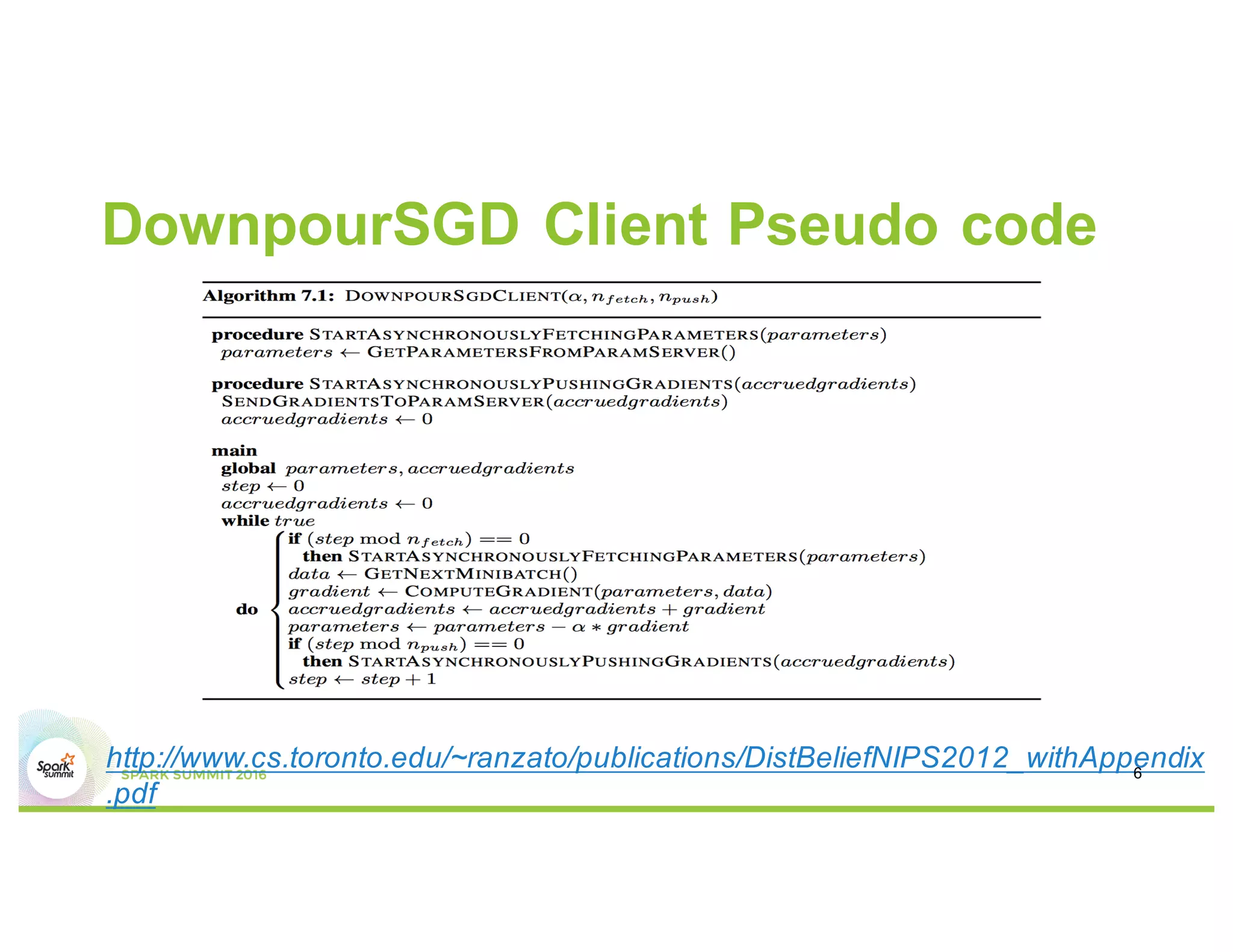 DownpourSGD Client Pseudo code
http://www.cs.toronto.edu/~ranzato/publications/DistBeliefNIPS2012_withAppendix
.pdf
6
 