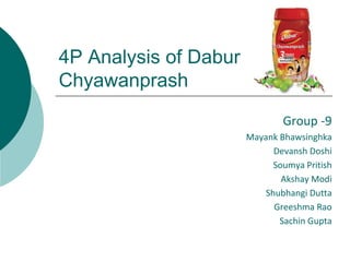 4P Analysis of Dabur
Chyawanprash
Group -9
Mayank Bhawsinghka
Devansh Doshi
Soumya Pritish
Akshay Modi
Shubhangi Dutta
Greeshma Rao
Sachin Gupta
 