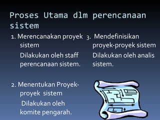 Proses Utama dlm perencanaan sistem 1. Merencanakan proyek sistem  Dilakukan oleh staff perencanaan sistem. 2. Menentukan Proyek-  proyek  sistem    Dilakukan oleh komite pengarah. 3 .  Mendefinisikan proyek-proyek sistem  Dilakukan oleh analis sistem. 