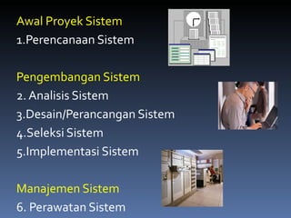 Awal Proyek Sistem 1.Perencanaan Sistem Pengembangan Sistem 2. Analisis Sistem 3.Desain/Perancangan Sistem 4.Seleksi Sistem 5.Implementasi Sistem Manajemen Sistem 6. Perawatan Sistem 