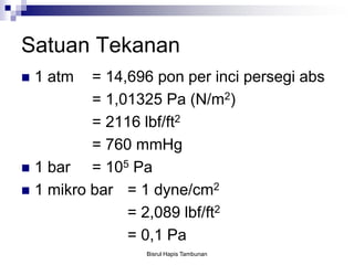 Satuan Tekanan
 1 atm = 14,696 pon per inci persegi abs
= 1,01325 Pa (N/m2)
= 2116 lbf/ft2
= 760 mmHg
 1 bar = 105 Pa
 1 mikro bar = 1 dyne/cm2
= 2,089 lbf/ft2
= 0,1 Pa
Bisrul Hapis Tambunan
 