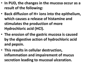 • In PUD, the changes in the mucosa occur as a
result of the following:
• Back diffusion of H+ ions into the epithelium,
which causes a release of histamine and
stimulates the production of more
Hydrochloric acid (HCl).
• The erosion of the gastric mucosa is caused
by the digestive action of hydrochloric acid
and pepsin.
• This results in cellular destruction,
inflammation and impairement of mucus
secretion leading to mucosal ulceration.
 