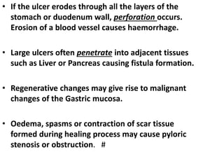 • If the ulcer erodes through all the layers of the
stomach or duodenum wall, perforation occurs.
Erosion of a blood vessel causes haemorrhage.
• Large ulcers often penetrate into adjacent tissues
such as Liver or Pancreas causing fistula formation.
• Regenerative changes may give rise to malignant
changes of the Gastric mucosa.
• Oedema, spasms or contraction of scar tissue
formed during healing process may cause pyloric
stenosis or obstruction. #
 