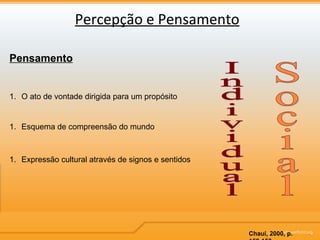 Percepção e Pensamento Pensamento O ato de vontade dirigida para um propósito Chauí, 2000, p. 152-153 Esquema de compreensão do mundo Expressão cultural através de signos e sentidos Individual Social 