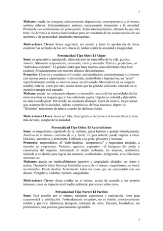 3


Malsano: puede ser inseguro, adhesivamente dependiente, menospreciarse a sí mismo,
sentirse inferior. Extremadamente ansioso, reaccionando demasiado a la ansiedad.
Paranoide con sentimientos de persecución. Actúa irracionalmente, obrando lo que más
teme. Se derrota a sí mismo humillándose para ser rescatado de las consecuencias de sus
acciones y de su ansiedad: tendencias masoquistas.

Motivaciones Claves: desea seguridad, ser amado y tener la aprobación de otros,
examinar las actitudes de los otros hacia él, luchar contra la ansiedad e inseguridad.

                          Personalidad Tipo Siete: El Alegre
Sano: es apreciativo, agradecido, admirado por las maravillas de la vida: gozoso,
absorto. Altamente respondiente, entusiasta, vivaz y animado. Práctico, productivo, un
“habilidoso ejecutor”. El generalizador que hace muchas cosas diferentes muy bien
(todero). Frecuentemente con muchos talentos deslumbrantes.
Promedio: El perito y mundano sofisticado, entreteniéndose constantemente a sí mismo
con nuevas cosas y experiencias. Extrovertido, desinhibido e hiperactivo, un “actor”
superficialmente metido en muchas cosas: un aficionado. Materialista en un desgaste
notable, todavía voraz por más, nunca siente que ha perdido suficiente, centrado en sí,
excesivo aunque esté cansado.
Malsano: puede ser rudamente ofensivo e insensible acerca de las necesidades de los
otros mientras va después que le han solicitado ayuda. Impulsivo, infantil y detestable,
no sabe cuando parar. Pervertido, un escapista disipado. Fuera de control, mejor actuar
que ocuparse de la ansiedad. Adicto, compulsivo, defensa maníaca- depresiva.
“Histérico” reacciones de pánico cuando las defensas fallan.

Motivaciones Claves: desea ser feliz, tener gracia y recrearse a sí mismo, hacer y tener
más de todo, escapar de la ansiedad.

                      Personalidad Tipo Ocho: El Autosuficiente
Sano: es magnánimo, reprimido de sí, valiente, quizá heroico y grande históricamente.
Asertivo de sí mismo, confiado de sí y fuerte. El guía natural, puede inspirar a otros.
Decisivo, autoritario y dominante. Defiende a la gente, protector y honrado.
Promedio: emprendedor, el “individualista tempestuoso” y negociante arrojado, a
menudo un empresario. Violento, agresivo, expansivo –el banquero del poder y
constructor del imperio, dominando el medio ambiente. Es deseoso, combativo,
intimida a los demás para lograr sus maneras: confrontador, beligerante, crea relaciones
adversativas.
Malsanos: puede ser implacablemente agresivo y despiadado: dictador, un tirano y
matón. Desarrolla ideas ilusorias hinchadas acerca de sí mismo: megalómano, se siente
invulnerable. Puede destruir brutalmente todas las cosas que no concuerden con sus
deseos. Vengativo, violento, bárbaro, sanguinario.

Motivaciones Claves: desea confiar en sí mismo, actuar de acuerdo a sus propios
intereses, tener un impacto en el medio ambiente, prevalecer sobre otros.

                        Personalidad Tipo Nueve: El Pacífico
Sano: Está poseído por sí mismo, sintiendo autonomía y realización: tiene gran
ecuanimidad y satisfacción. Profundamente receptivo, no es tímido, emocionalmente
estable y pacífico. Optimista, tranquilo, tolerante de otros. Paciente, bondadoso; sin
pretensiones, una persona genuinamente agradable.


                                                                                           3
 
