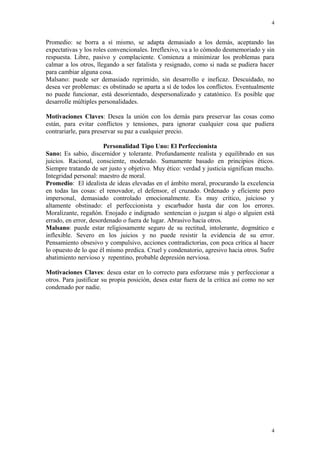 4


Promedio: se borra a sí mismo, se adapta demasiado a los demás, aceptando las
expectativas y los roles convencionales. Irreflexivo, va a lo cómodo desmemoriado y sin
respuesta. Libre, pasivo y complaciente. Comienza a minimizar los problemas para
calmar a los otros, llegando a ser fatalista y resignado, como si nada se pudiera hacer
para cambiar alguna cosa.
Malsano: puede ser demasiado reprimido, sin desarrollo e ineficaz. Descuidado, no
desea ver problemas: es obstinado se aparta a sí de todos los conflictos. Eventualmente
no puede funcionar, está desorientado, despersonalizado y catatónico. Es posible que
desarrolle múltiples personalidades.

Motivaciones Claves: Desea la unión con los demás para preservar las cosas como
están, para evitar conflictos y tensiones, para ignorar cualquier cosa que pudiera
contrariarle, para preservar su paz a cualquier precio.

                       Personalidad Tipo Uno: El Perfeccionista
Sano: Es sabio, discernidor y tolerante. Profundamente realista y equilibrado en sus
juicios. Racional, consciente, moderado. Sumamente basado en principios éticos.
Siempre tratando de ser justo y objetivo. Muy ético: verdad y justicia significan mucho.
Integridad personal: maestro de moral.
Promedio: El idealista de ideas elevadas en el ámbito moral, procurando la excelencia
en todas las cosas: el renovador, el defensor, el cruzado. Ordenado y eficiente pero
impersonal, demasiado controlado emocionalmente. Es muy crítico, juicioso y
altamente obstinado: el perfeccionista y escarbador hasta dar con los errores.
Moralizante, regañón. Enojado e indignado sentencian o juzgan si algo o alguien está
errado, en error, desordenado o fuera de lugar. Abrasivo hacia otros.
Malsano: puede estar religiosamente seguro de su rectitud, intolerante, dogmático e
inflexible. Severo en los juicios y no puede resistir la evidencia de su error.
Pensamiento obsesivo y compulsivo, acciones contradictorias, con poca crítica al hacer
lo opuesto de lo que él mismo predica. Cruel y condenatorio, agresivo hacia otros. Sufre
abatimiento nervioso y repentino, probable depresión nerviosa.

Motivaciones Claves: desea estar en lo correcto para esforzarse más y perfeccionar a
otros. Para justificar su propia posición, desea estar fuera de la crítica así como no ser
condenado por nadie.




                                                                                         4
 