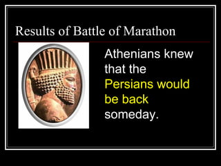 Results of Battle of Marathon
Athenians knew
that the
Persians would
be back
someday.
 
