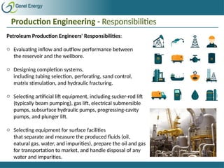 Production Engineering - Responsibilities
Petroleum Production Engineers' Responsibilities:
o Evaluating inflow and outflow performance between
the reservoir and the wellbore.
o Designing completion systems,
including tubing selection, perforating, sand control,
matrix stimulation, and hydraulic fracturing.
o Selecting artificial lift equipment, including sucker-rod lift
(typically beam pumping), gas lift, electrical submersible
pumps, subsurface hydraulic pumps, progressing-cavity
pumps, and plunger lift.
o Selecting equipment for surface facilities
that separate and measure the produced fluids (oil,
natural gas, water, and impurities), prepare the oil and gas
for transportation to market, and handle disposal of any
water and impurities.
 