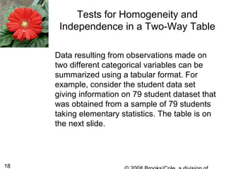 18
Tests for Homogeneity and
Independence in a Two-Way Table
Data resulting from observations made on
two different categorical variables can be
summarized using a tabular format. For
example, consider the student data set
giving information on 79 student dataset that
was obtained from a sample of 79 students
taking elementary statistics. The table is on
the next slide.
 