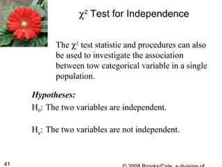 41
Hypotheses:
H0: The two variables are independent.
Ha: The two variables are not independent.
χ2
Test for Independence
The χ2
test statistic and procedures can also
be used to investigate the association
between tow categorical variable in a single
population.
 