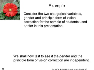 45
Example
Consider the two categorical variables,
gender and principle form of vision
correction for the sample of students used
earlier in this presentation.
We shall now test to see if the gender and the
principle form of vision correction are independent.
 