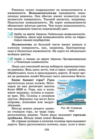 Равнины также подразделяют на возвышенности и
низменности. Возвыш енност ями называются повы­
шенные равнины. Они обычно имеют холмистую или
волнистую поверхность. Таковой является, например,
Подольская возвышенность. На карте возвышенности
обозначают жёлтым цветом. Чем выше возвышенность,
тем насыщеннее (светло-коричневый) цвет.
Найди на карте Украины Подольскую возвышенность.
I Определи, какие ещё возвышенности есть на терри­
тории нашего государства.
Н изменност и по большей части имеют ровную и
плоскую поверхность, как, например, Причерномор­
ская и Полесская низменности. На карте их обозначают
зелёным цветом.
Найди и покажи на карте Украины Причерноморскую
I и Полесскую низменности.
Люди для поселений всегда выбирали преимуществен­
но равнины. Ведь здесь легче, чем в горах, строить дома,
обрабатывать поля и прокладывать дороги. В наше вре­
мя на равнинах живёт большая часть населения Земли.
Какие бывают горы? Горы
значительно выше холмов. Неко­
торые из них достигают высоты
более 8000 м. Гора, как и холм,
имеет вершину, склоны и подош­
ву (рис. 95). Склоны в основном
крутые. Вершины гор могут быть
острыми, плоскими или закруг­
лёнными.
Иногда можно увидеть одино- Рис■95. Строение
ко стоящую гору, но чаще горы Г°РЫ
расположены рядами. Такие ряды называют горны м и
хребт ами. М ежду ними лежат долины .
По горным долинам и пологим склонам прокладывают
дороги. Здесь расположены селения, сады, поля и вино­
105
 