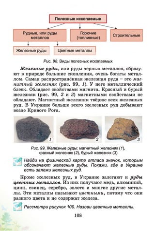 Рис. 98. Виды полезных ископаемых
Ж елезны е р у д ы , или руды чёрных металлов, образу­
ют в природе большие скопления, очень богаты метал­
лом. Самая распространённая железная руда - это м аг­
нитный ж елезняк (рис. 99, 1). У него металлический
блеск. Обладает свойствами магнита. Красный и бурый
железняк (рис. 99, 2 и 3) магнитными свойствами не
обладают. Магнитный железняк твёрже всех железных
руд. В Украине больше всего железных руд добывают
возле Кривого Рога.
Рис. 99. Железные руды: магнитный железняк (1),
красный железняк (2), бурый железняк (3)
Найди на физической карте атласа значок, которым
I- — обозначают железные руды. Покажи, где в Украине
есть залежи железных руд.
Кроме железных руд, в Украине залегают и р уд ы
цвет ны х м ет аллов. Из них получают медь, алюминий,
цинк, свинец, серебро, золото и многие другие метал­
лы. Эти металлы называют цветными, потому что они
разного цвета и не содержат железа.
Рассмотри рисунок 100. Назови цветные металлы.
108
 