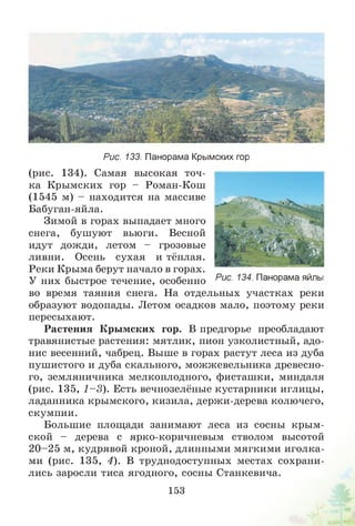 Рис. 133. Панорама Крымских гор
(рис. 134). Самая высокая точ­
ка Крымских гор - Роман-Кош
(1545 м) - находится на массиве
Бабуган-яйла.
Зимой в горах выпадает много
снега, бушуют вьюги. Весной
идут дожди, летом - грозовые
ливни. Осень сухая и тёплая.
Реки Крыма берут начало в горах.
У них быстрое течение, особенно
во время таяния снега. На отдельных участках реки
образуют водопады. Летом осадков мало, поэтому реки
пересыхают.
Растения Крымских гор. В предгорье преобладают
травянистые растения: мятлик, пион узколистный, адо­
нис весенний, чабрец. Выше в горах растут леса из дуба
пушистого и дуба скального, можжевельника древесно­
го, земляничника мелкоплодного, фисташки, миндаля
(рис. 135, 1-3). Есть вечнозелёные кустарники иглицы,
ладанника крымского, кизила, держи-дерева колючего,
скумпии.
Большие площади занимают леса из сосны крым­
ской - дерева с ярко-коричневым стволом высотой
20-2 5 м, кудрявой кроной, длинными мягкими иголка­
ми (рис. 135, 4). В труднодоступных местах сохрани­
лись заросли тиса ягодного, сосны Станкевича.
Рис. 134. Панорама яйлы
153
 
