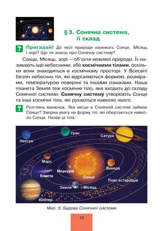 §3. Сонячна система,
її склад
Пригадай! До якої природи належать Сонце, Місяць
і зорі? Що ти знаєш про Сонячну систему?
Сонце, Місяць, зорі — об’єкти неживої природи. їх на­
зивають іще небесними, або космічними тілами, оскіль­
ки вони знаходяться в космічному просторі. У Всесвіті
безліч небесних тіл, які відрізняються формою, розміра­
ми, температурою поверхні та іншими ознаками. Наша
планета Земля теж космічне тіло, яке входить до складу
Сонячної системи. Сонячну систему утворюють Сонце
та інші космічні тіла, які рухаються навколо нього.
Розглянь малюнок. Яке місце в Сонячній системі займає
Сонце? Зверни увагу на форму тіл, які обертаються навко­
ло Сонця. Назви ці тіла.
10
 