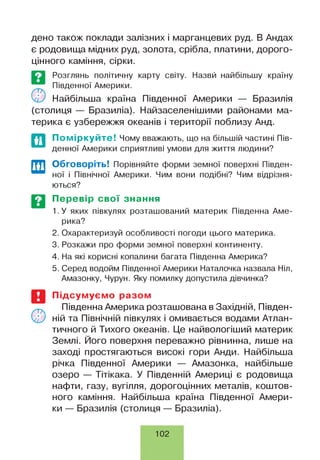 дено також поклади залізних і марганцевих руд. В Андах
є родовища мідних руд, золота, срібла, платини, дорого­
цінного каміння, сірки.
Розглянь політичну карту світу. Назвй найбільшу країну
Південної Америки.
Найбільша країна Південної Америки — Бразилія
(столиця — Бразиліа). Найзаселенішими районами ма­
терика є узбережжя океанів і території поблизу Анд.
©
Поміркуйте! Чому вважають, що на більшій частині Пів­
денної Америки сприятливі умови для життя людини?
Обговоріть! Порівняйте форми земної поверхні Півден­
ної і Північної Америки. Чим вони подібні? Чим відрізня­
ються?
Перевір свої знання
1. У яких півкулях розташований материк Південна Аме­
рика?
2. Охарактеризуй особливості погоди цього материка.
3. Розкажи про форми земної поверхні континенту.
4. На які корисні копалини багата Південна Америка?
5. Серед водойм Південної Америки Наталочка назвала Ніл,
Амазонку, Чурун. Яку помилку допустила дівчинка?
Підсумуємо разом
Південна Америка розташована в Західній, Півден­
ній та Північній півкулях і омивається водами Атлан­
тичного й Тихого океанів. Це найвологіший материк
Землі. Його поверхня переважно рівнинна, лише на
заході простягаються високі гори Анди. Найбільша
річка Південної Америки — Амазонка, найбільше
озеро — Тітікака. У Південній Америці є родовища
нафти, газу, вугілля, дорогоцінних металів, коштов­
ного каміння. Найбільша країна Південної Амери­
ки — Бразилія (столиця — Бразиліа).
102
 