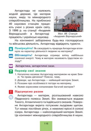 Антарктида не належить
жодній державі. Це материк
науки, миру та міжнародного
співробітництва. На приблизно
40 наукових станціях працю­
ють учені з різних країн світу.
З 1996 р. на станції «Академік
Вернадський» в Антарктиді Мал. 89. Станція
працюють і українські науковці. «Академік Вернадський»
На континенті заборонена будь-яка господарська
та військова діяльність. Антарктиду відвідують туристи.
Поміркуйте! Як своєрідність природи Антарктиди впли­
нула на характер діяльності людини на материку?
Обговоріть! Антарктида отримує влітку найбільше
сонячної енергії. Чому ж материк називають Царством хо­
лоду?
Антарктика, антарктичні оази.
Перевір свої знання
1. Наталочка називає Антарктиду материком на краю Зем­
лі. Чи права дівчинка? Поясни, чому.
2. Доведи, що Антарктида — найвищий материк Землі.
3. Розкажи про особливості погоди на материку.
4. Якими корисними копалинами багатий материк?
И
■ш
Підсумуємо разом
Антарктида — материк, розташований навколо
Південного полюса Землі. Він омивається водами
Тихого, Атлантичного та Індійського океанів. Поверх­
ня Антарктиди вкрита потужним льодовим щитом.
Тут немає постійних річок, є невеликі прісні й солоні
озера. Антарктида — найхолодніший материк Землі.
Це континент міжнародного співробітництва й науки.
116
 