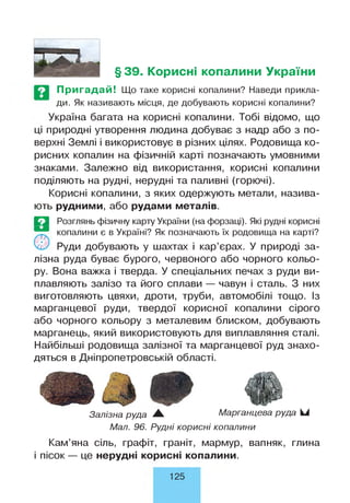 §39. Корисні копалини України
Пригадай! Що таке корисні копалини? Наведи прикла­
ди. Як називають місця, де добувають корисні копалини?
Україна багата на корисні копалини. Тобі відомо, що
ці природні утворення людина добуває з надр або з по­
верхні Землі і використовує в різних цілях. Родовища ко­
рисних копалин на фізичній карті позначають умовними
знаками. Залежно від використання, корисні копалини
поділяють на рудні, нерудні та паливні (горючі).
Корисні копалини, з яких одержують метали, назива­
ють рудними, або рудами металів.
Е З Розглянь фізичну карту України (на форзаці). Які рудні корисні
копалини є в Україні? Як позначають їх родовища на карті?
Руди добувають у шахтах і кар’єрах. У природі за­
лізна руда буває бурого, червоного або чорного кольо­
ру. Вона важка і тверда. У спеціальних печах з руди ви­
плавляють залізо та його сплави — чавун і сталь. З них
виготовляють цвяхи, дроти, труби, автомобілі тощо. Із
марганцевої руди, твердої корисної копалини сірого
або чорного кольору з металевим блиском, добувають
марганець, який використовують для виплавляння сталі.
Найбільші родовища залізної та марганцевої руд знахо­
дяться в Дніпропетровській області.
Мал. 96. Рудні корисні копалини
Кам’яна сіль, графіт, граніт, мармур, вапняк, глина
і пісок — це нерудні корисні копалини.
Залізна руда -А. Марганцева руда к і
125
 