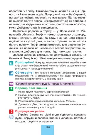 областей, у Криму. Поклади газу й нафти є і на дні Чор­
ного та Азовського морів. Природний газ — безбарвний,
легший за повітря, горючий, не має запаху. Під час горін­
ня виділяє багато тепла. Використовується як природне
паливо, для одержання пластмас, синтетичних волокон,
гуми. Добувають газ із свердловин.
Найбільші родовища торфу — у Волинській та Рів­
ненській областях. Торф — темно-коричневого кольору,
м’який, крихкий, легший за воду. Під час його горіння
виділяється густий дим, а після згорання залишається
багато попелу. Торф використовують для опалення бу­
динків, як паливо на невеликих теплоелектростанціях,
а також як добриво для полів, підстилку для тварин.
Запаси корисних копалин, які добувають в Україні, не
безмежні. Тому їх потрібно використовувати ощадливо.
Поміркуйте! Чому до корисних копалин і виробів з них
слід ставитися бережливо? Чому потрібно ощадливо вико­
ристовувати природне паливо?
ГТТ] Обговоріть! Які корисні копалини добувають у вашій
місцевості? Як їх використовують? Які види природного
палива використовують у вашому краї?
Корисні копалини: рудні, нерудні, паливні.
Перевір свої знання
1. На які групи поділяють корисні копалини?
2. Наведи приклади рудних корисних копалин. Як їх вико­
ристовують люди?
3. Розкажи про нерудні корисні копалини України.
4. Допоможи Дмитрикові довести значення паливних ко­
рисних копалин у житті людей.
Підсумуємо разом
Україна багата на різні види корисних копалин:
рудні, нерудні й паливні. Корисні копалини потрібно
використовувати ощадливо.
128
 