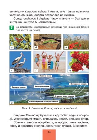 величезну к іл ь к іс т ь світла і тепла, але тільки незначна
частина сонячної енергії потрапляє на Землю.
Сонце освітлює і зігріває нашу планету — без цього
життя на ній було б неможливим.
За поданими ілюстраціями розкажи про значення Сонця
для життя на Землі.
Мал. 9. Значення Сонця для життя на Землі
Завдяки Сонцю відбувається кругообіг води в приро­
ді, утворюються хмари, випадають опади, виникає вітер.
Сонячна енергія потрібна для проростання насіння,
росту й розвитку рослин, достигання плодів. Використо­
14
 