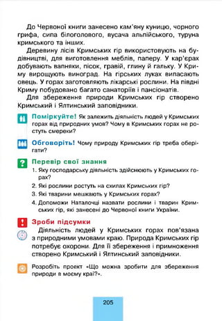 До Червоної книги занесено кам’яну куницю, чорного
грифа, сипа білоголового, вусача альпійського, туруна
кримського та інших.
Деревину лісів Кримських гір використовують на бу­
дівництві, для виготовлення меблів, паперу. У кар’єрах
добувають вапняки, пісок, гравій, глину й гальку. У Кри­
му вирощують виноград. На гірських луках випасають
овець. У горах заготовляють лікарські рослини. На півдні
Криму побудовано багато санаторіїв і пансіонатів.
Для збереження природи Кримських гір створено
Кримський і Ялтинський заповідники.
Поміркуйте! Як залежить діяльність людей у Кримських
горах від природних умов? Чому в Кримських горах не ро­
стуть смереки?
Обговоріть! Чому природу Кримських гір треба обері­
гати?
Перевір свої знання
1. Яку господарську діяльність здійснюють у Кримських го­
рах?
2. Які рослини ростуть на схилах Кримських гір?
3. Які тварини мешкають у Кримських горах?
4. Допоможи Наталочці назвати рослини і тварин Крим­
ських гір, які занесені до Червоної книги України.
Зроби підсумки
Діяльність людей у Кримських горах пов’язана
з природними умовами краю. Природа Кримських гір
потребує охорони. Для її збереження і примноження
створено Кримський і Ялтинський заповідники.
Розробіть проект «Що можна зробити для збереження
природи в моєму краї?».
i i
І
iii
В
В
©
205
 